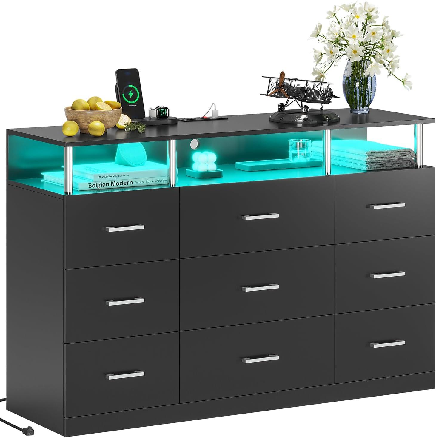 Modern Black 9-Drawer Dresser with LED and Charging Station