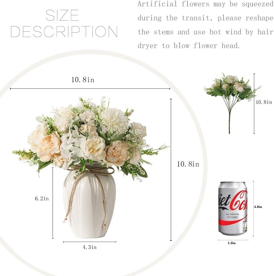 JARELING Peonies Artificial Flowers in Vase, Fake Hydrangea Silk Peony Flower Bouquet with Vase Faux Flowers Arrangement Decor Home Table Dining Room (White)