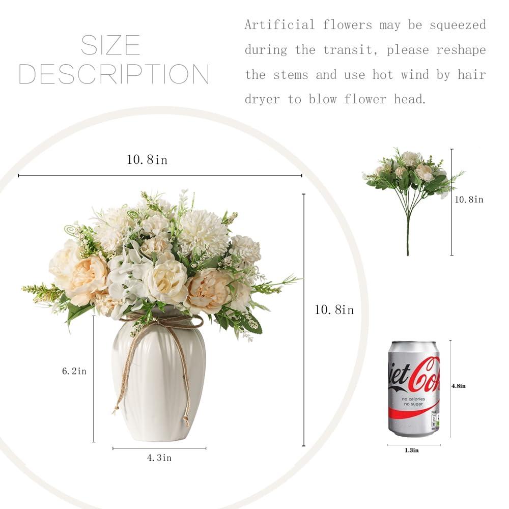 JARELING Peonies Artificial Flowers in Vase, Fake Hydrangea Silk Peony Flower Bouquet with Vase Faux Flowers Arrangement Decor Home Table Dining Room (White)