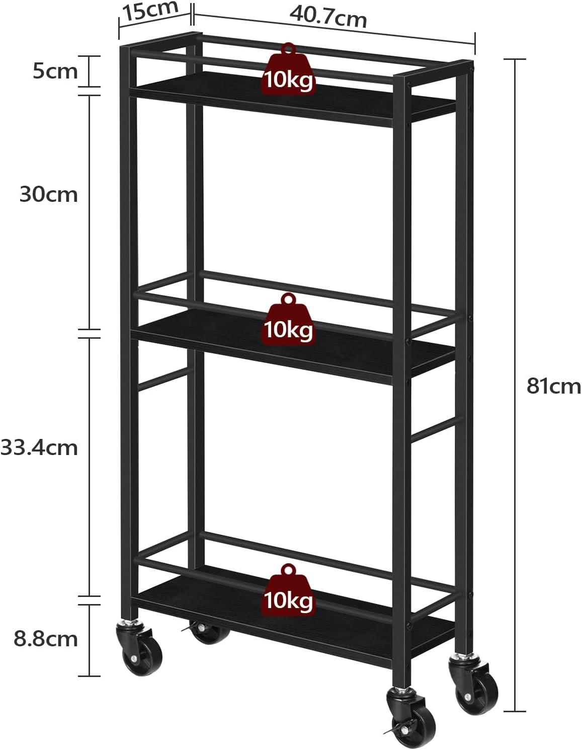 Slim Rolling Cart, Mobile Kitchen Cart on Wheels, Narrow Storage Cart for Small Space, Wooden Service Cart, for Bathroom, Laundry, Living Room, Black RCHB1501