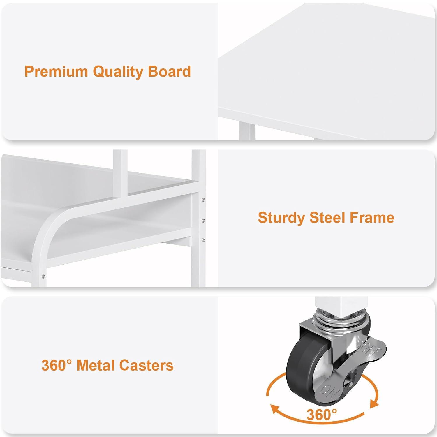 EasyCom Printer Stand- Large 3 Tier Printer Table with Wheels- Industrial Printer Storage Cart- Rolling Printer Cart with Storage Shelf for Printer Scanner Fax Home Office Use- White