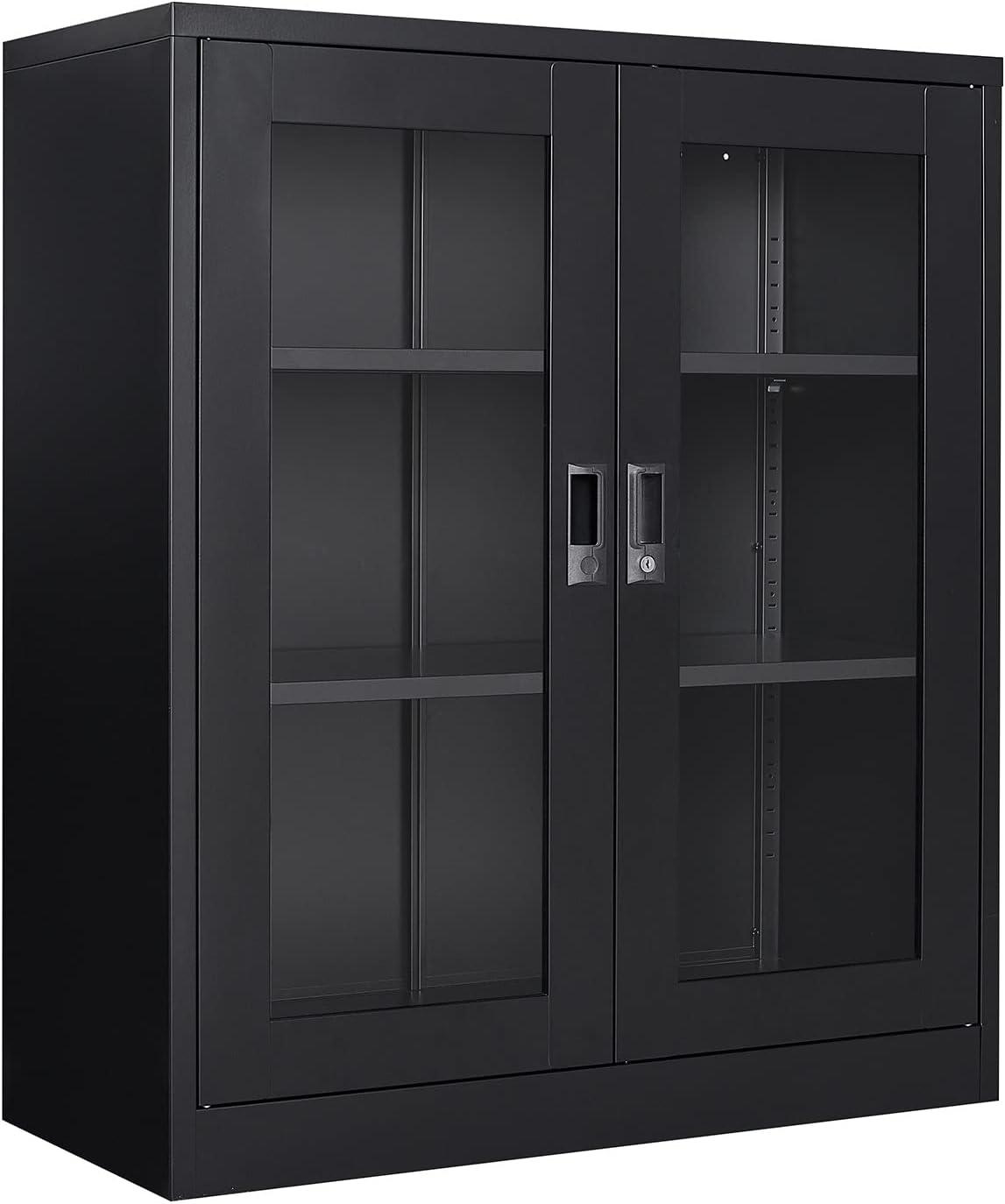 Drevy Metal Storage Cabinet with Doors and Shelves,Glass Cabinet Display Cabinet with Glass Doors,Office Cabinet with Storage Shelves and Double Doors, for Garage and Utility Room, Home Office