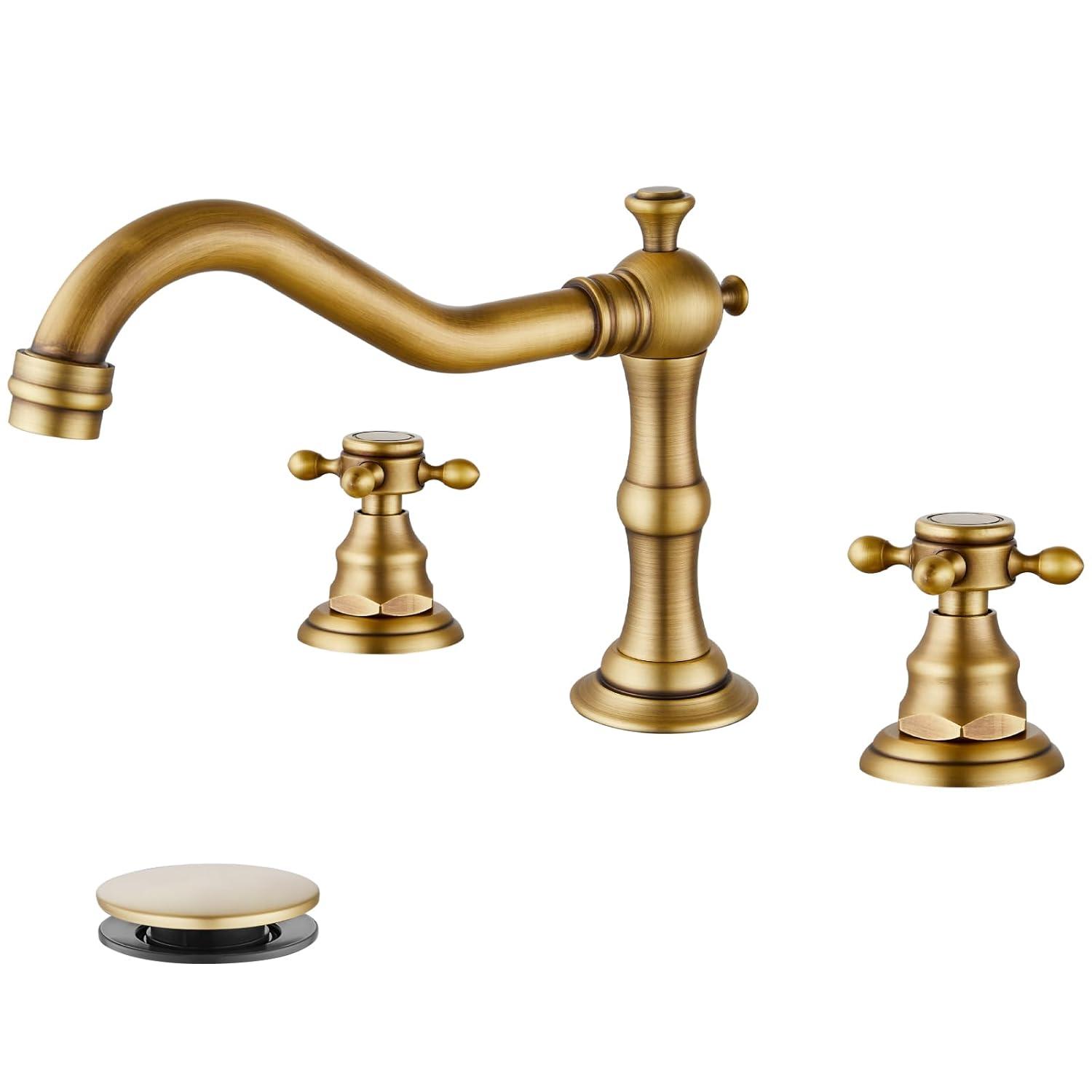 gotonovo Bathroom Faucet 3 Hole 8 Inch Widespread Bathroom Sink Faucet 2 Cross Handles Vintage Lavatory Vanity Mixer Tap with Pop Up Drain, H C Label, Antique Brass