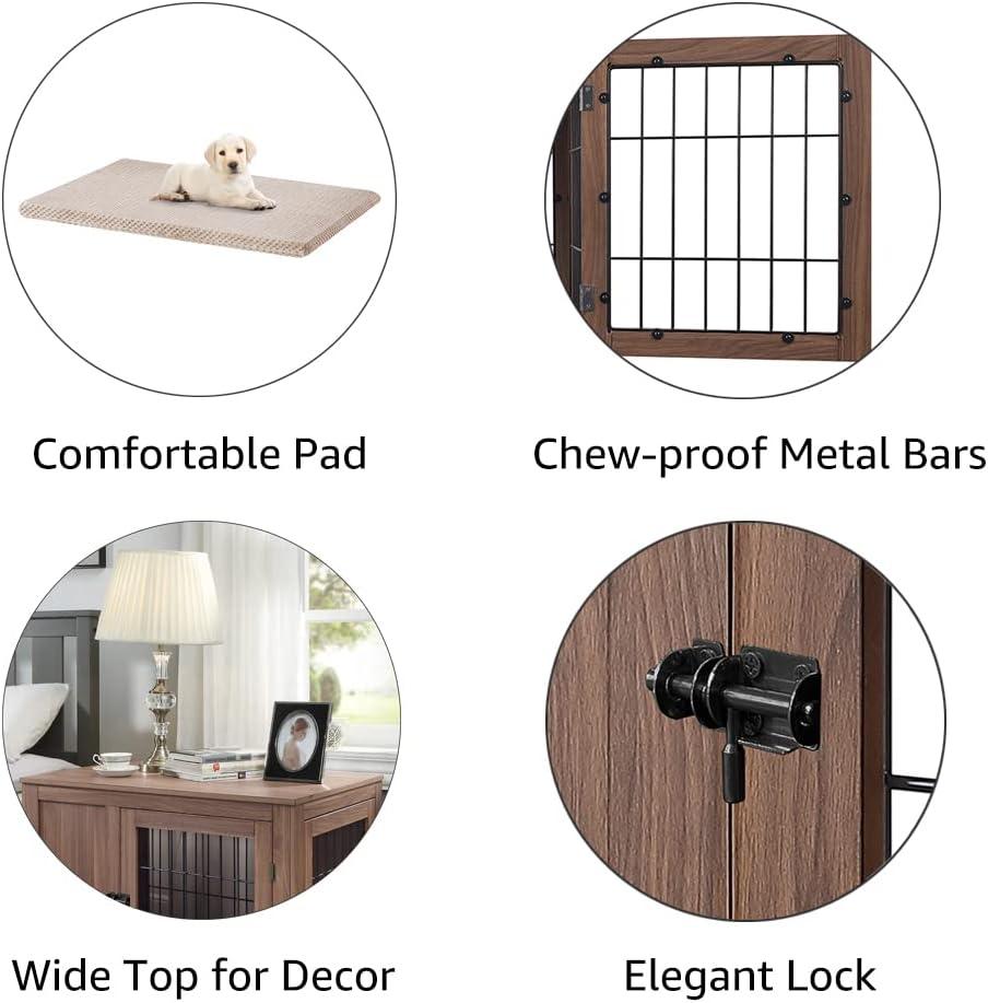 Unipaws Dog Crate End Table with Cushion, Wooden Wire Pet Kennels with Double Doors, Modern Design Dog House, Chew-Proof, Walnut