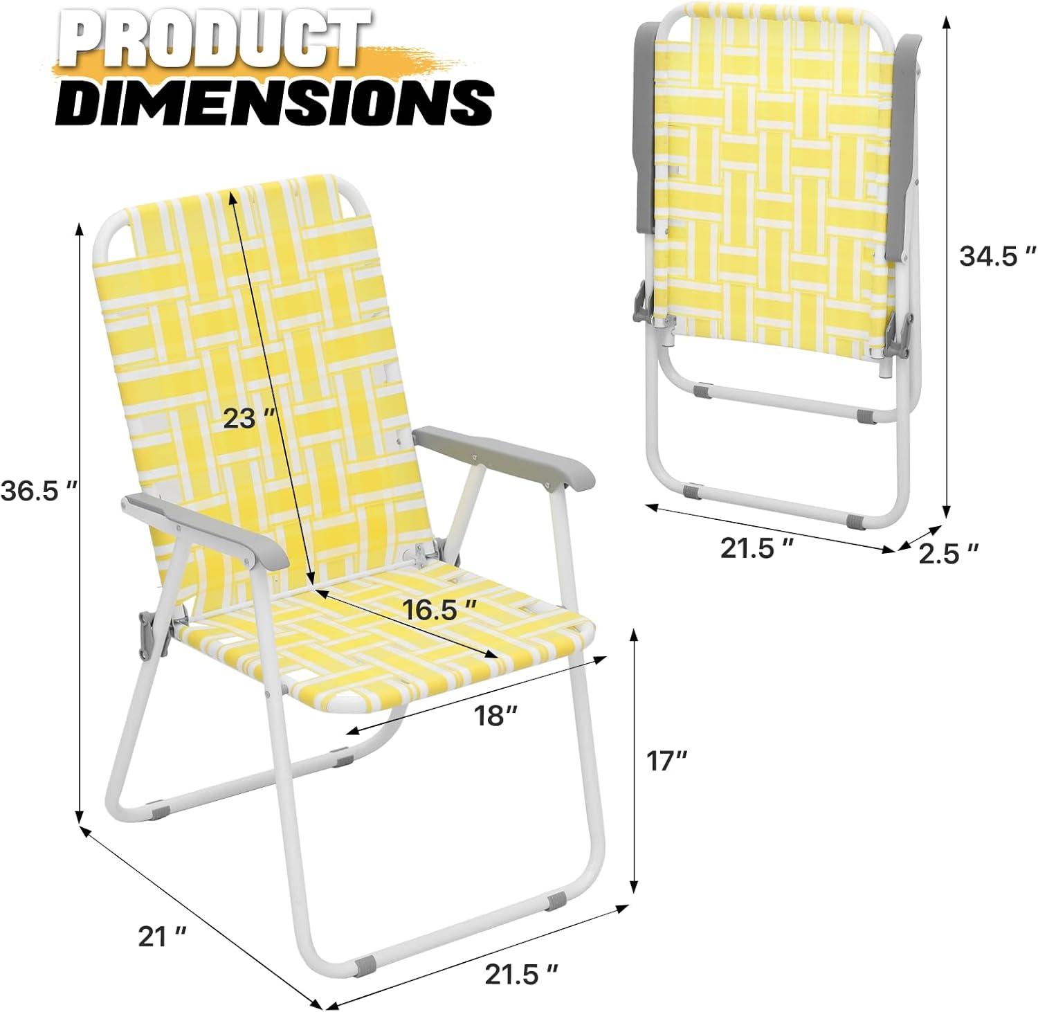 MoNiBloom Portable Webbed Beach Chairs Set of 2, Folding Camping Woven Seats with Armrests, for Outdoor Patio Lawn, Lemon Yellow