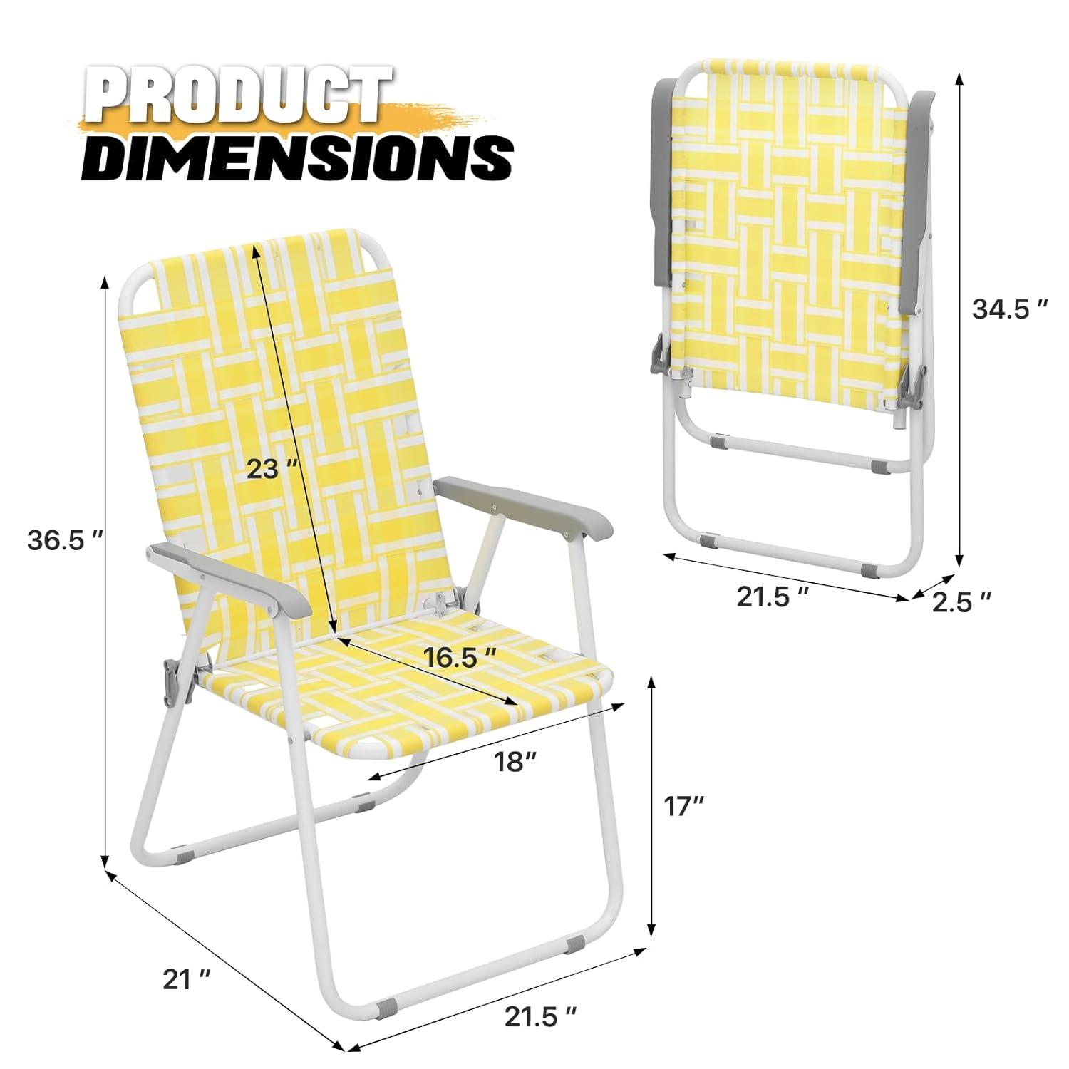 MoNiBloom Portable Webbed Beach Chairs Set of 2, Folding Camping Woven Seats with Armrests, for Outdoor Patio Lawn, Lemon Yellow