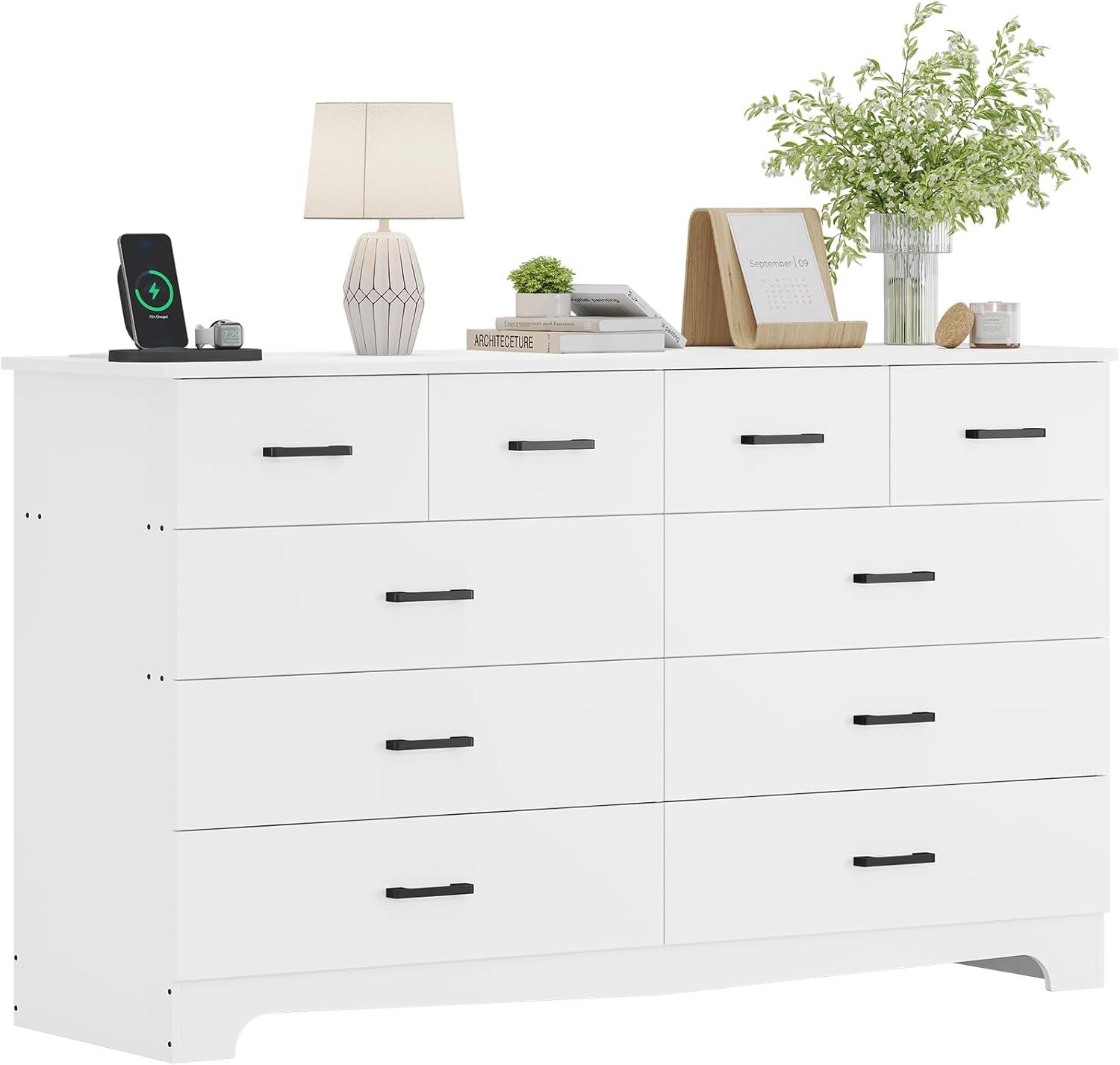 10 Drawers Dresser for Bedroom, Chest of Drawers with Charging Station, Bedroom Storage Organizer, White