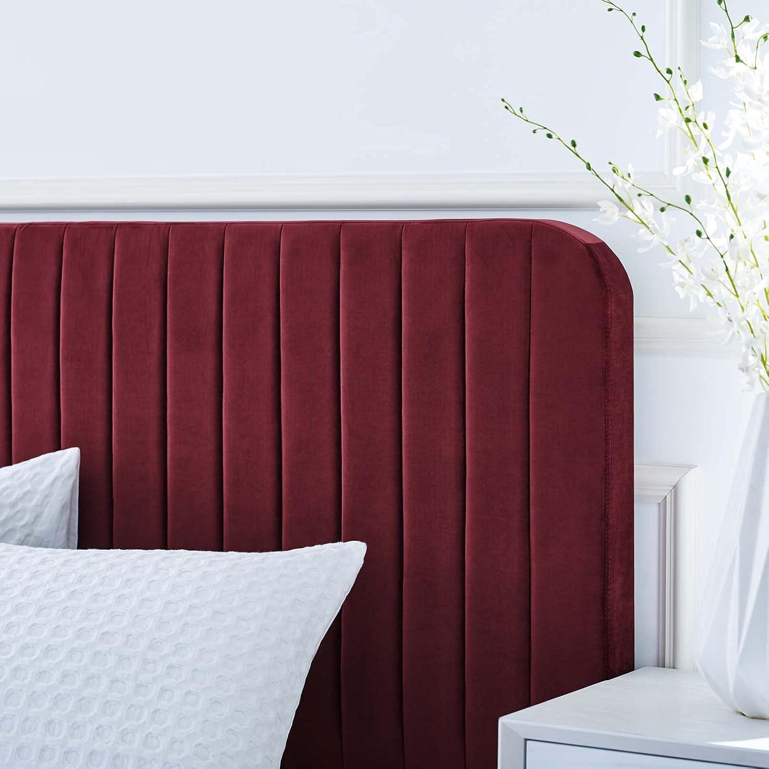 Modway Celine Channel Tufted Performance Velvet King Platform Bed in Maroon