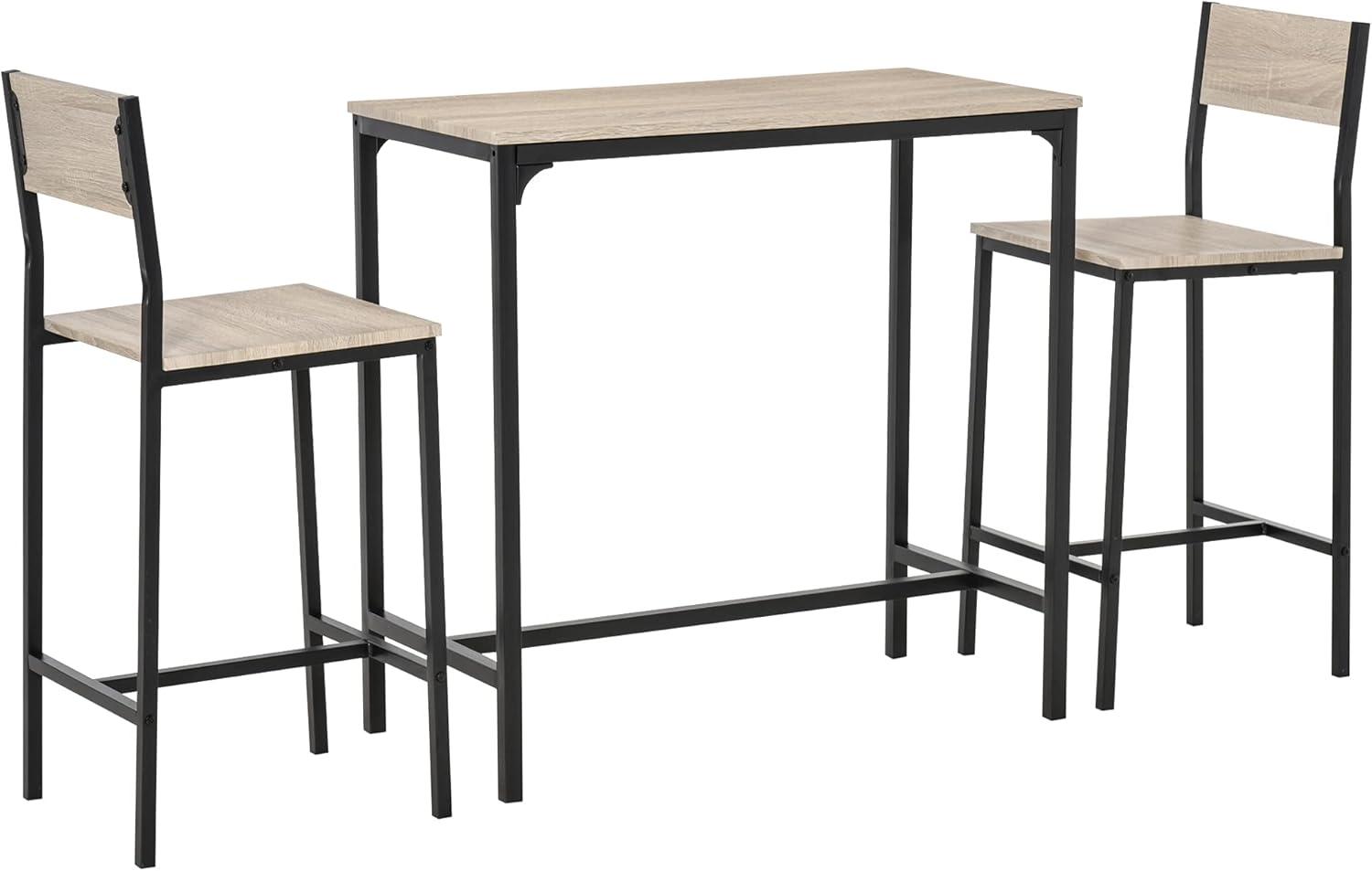 Natural Wood and Black Metal 3-Piece Bar Table Set