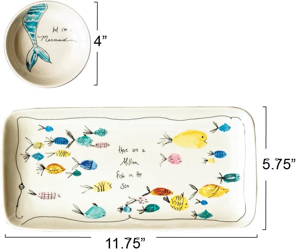 Storied Home Stoneware Plate & Small Round Dish with Fish Print White 2pc: Nautical Coastal Beach Style, Dishwasher-Safe