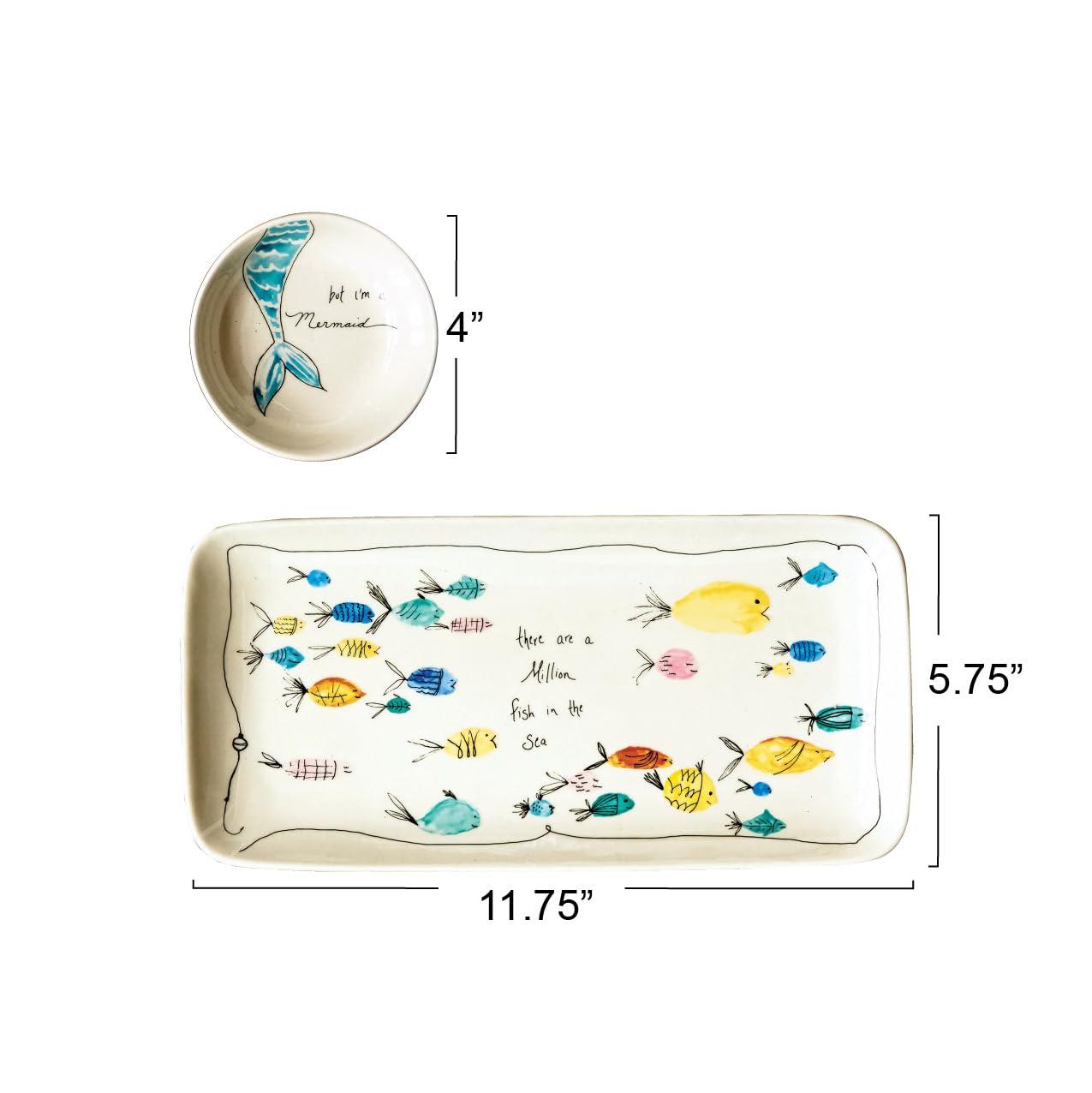 Storied Home Stoneware Plate & Small Round Dish with Fish Print White 2pc: Nautical Coastal Beach Style, Dishwasher-Safe
