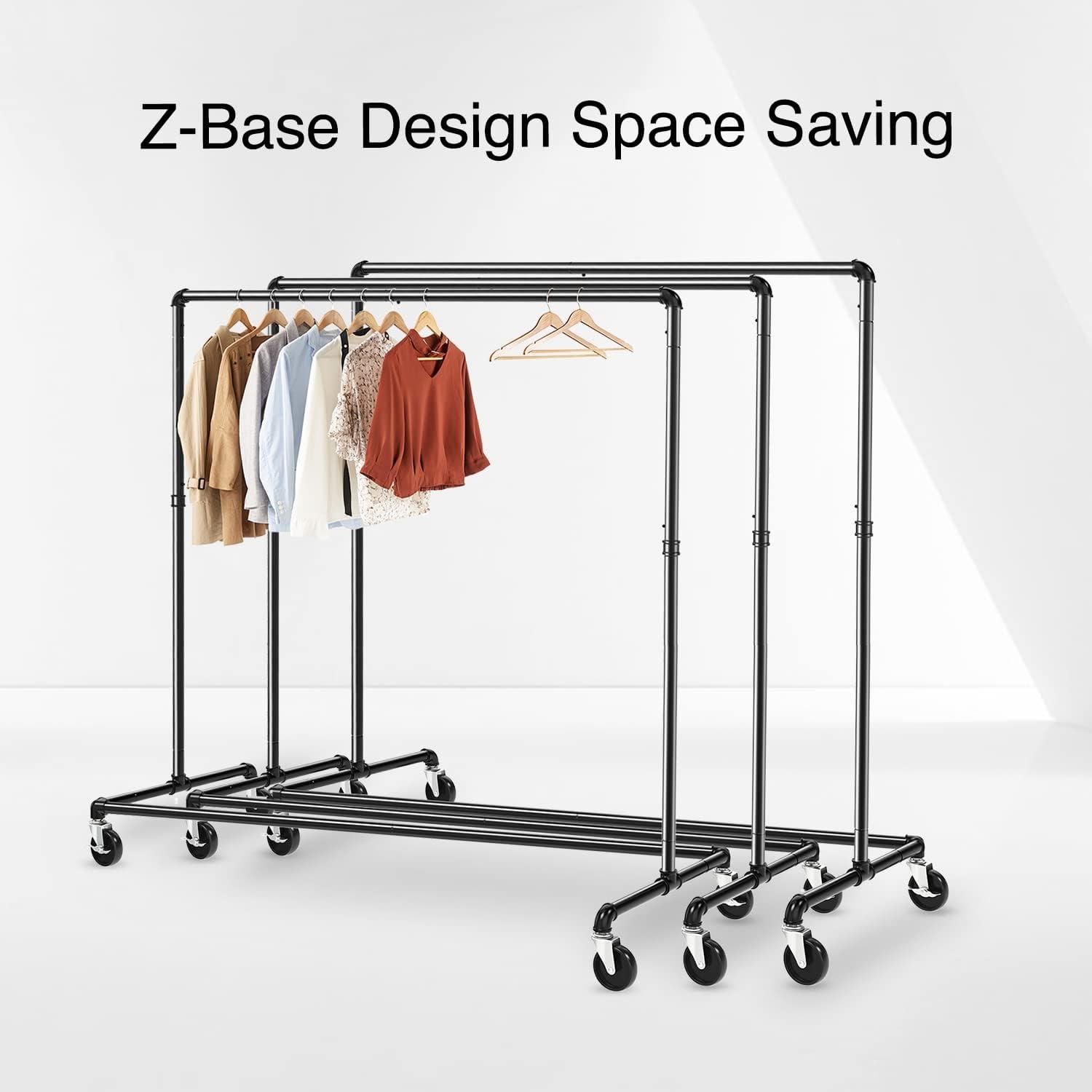 Black Iron Industrial Rolling Garment Rack with Lockable Wheels