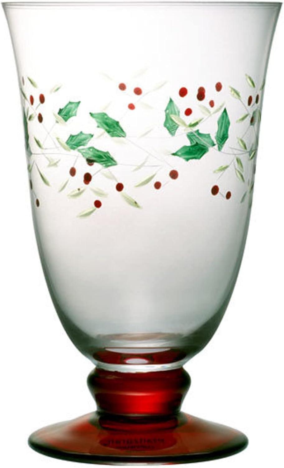 Winterberry Holiday Glass Goblets with Red Base, Set of 4