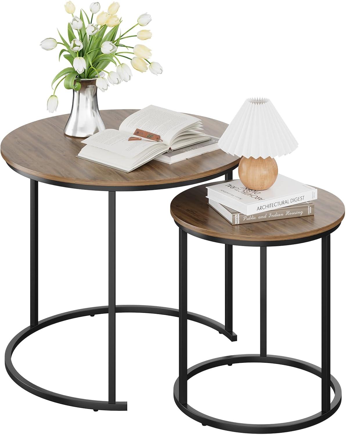 Yesfashion Nesting Coffee Table Set Of 2, 27.6" Round Coffee Table Wood Top With Sturdy Metal Frame, End Table Side Tables For Living Room Bedroom Balcony Yard