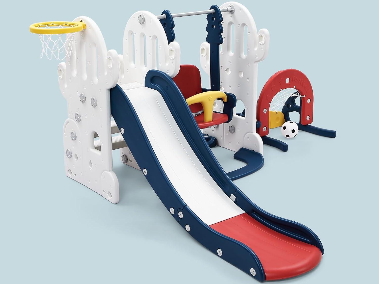 Garvee 7-in-1 Toddler Playset - Adjustable Swing & Slide with Basketball Hoop, Soccer/Golf & Ring Toss, Indoor/Outdoor for Ages 1-3, Blue