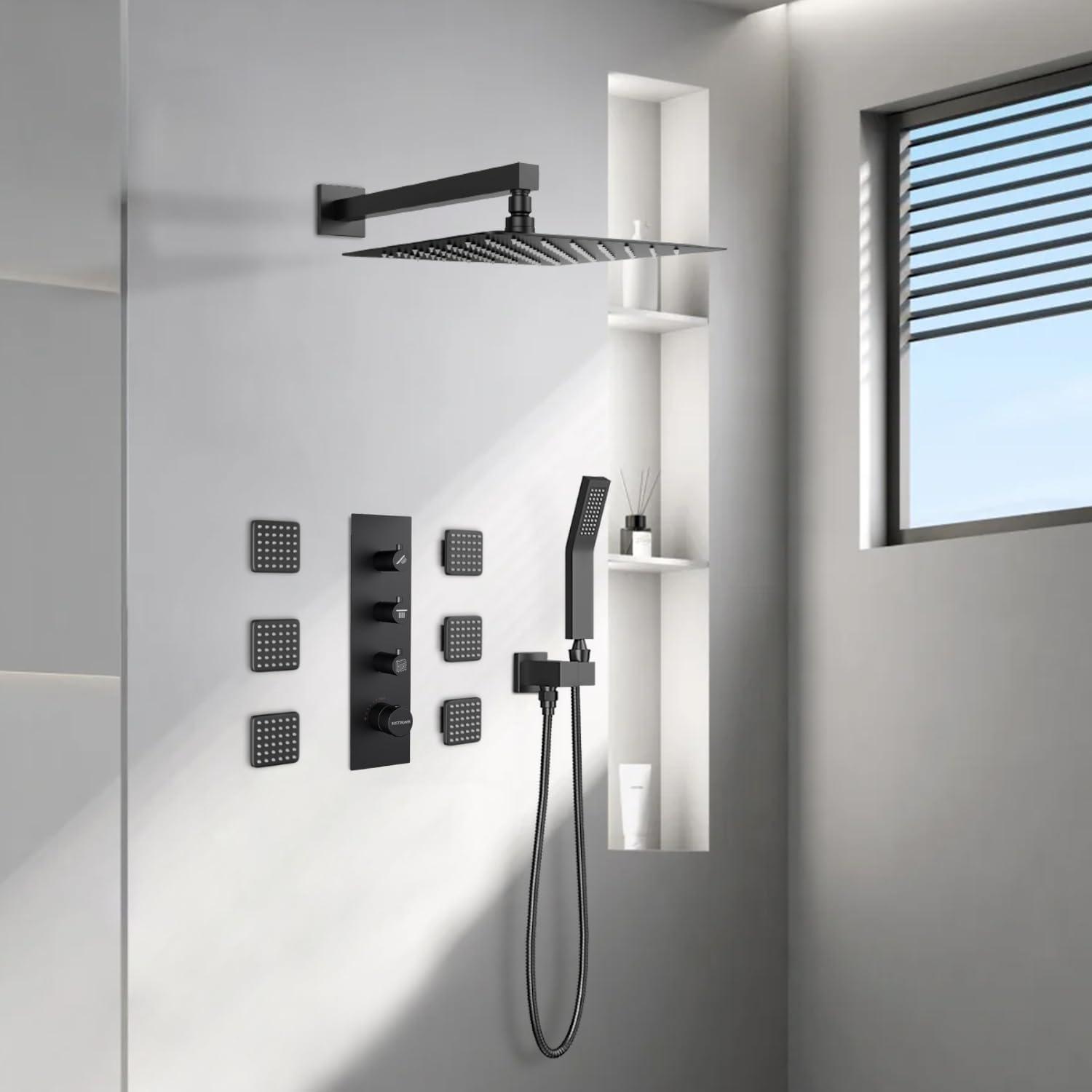 DualJetSpa 15-Spray Patterns 16" & 6" Dual Shower Head, Shower FaucetSystem with Thermostatic Rough-in Valve and Body Jets