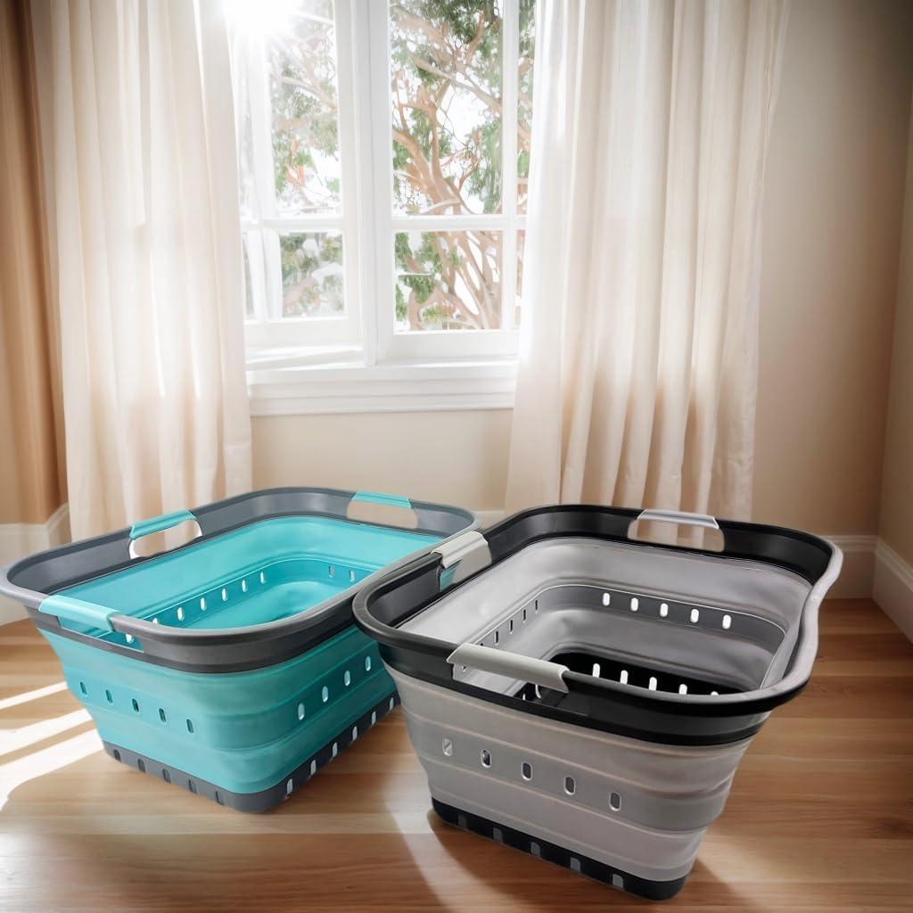 SAMMART 42L (11 gallon) Set of 2 Collapsible Laundry Basket - Foldable Pop Up Storage Container/Organizer - Portable Basket - Space Saving Hamper/Basket (Alloy Grey + Crystal Blue)
