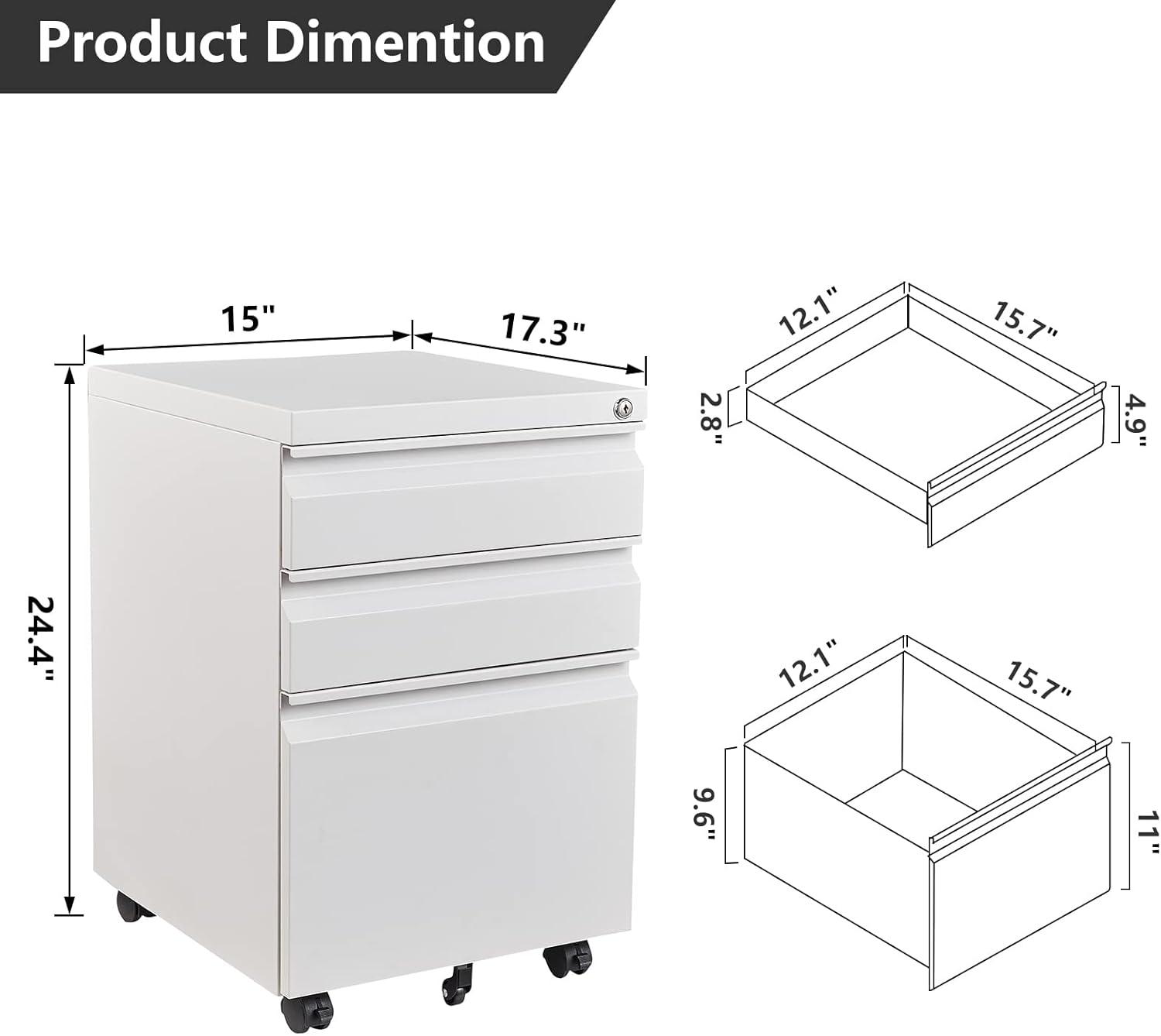 3 Drawer Mobile File Cabinet, Metal Filing Cabinets with Lock Wheels Under Desk, Lockable Rolling File Cabinet for Home Office, Fit Letter/Legal/A4 Size (White)