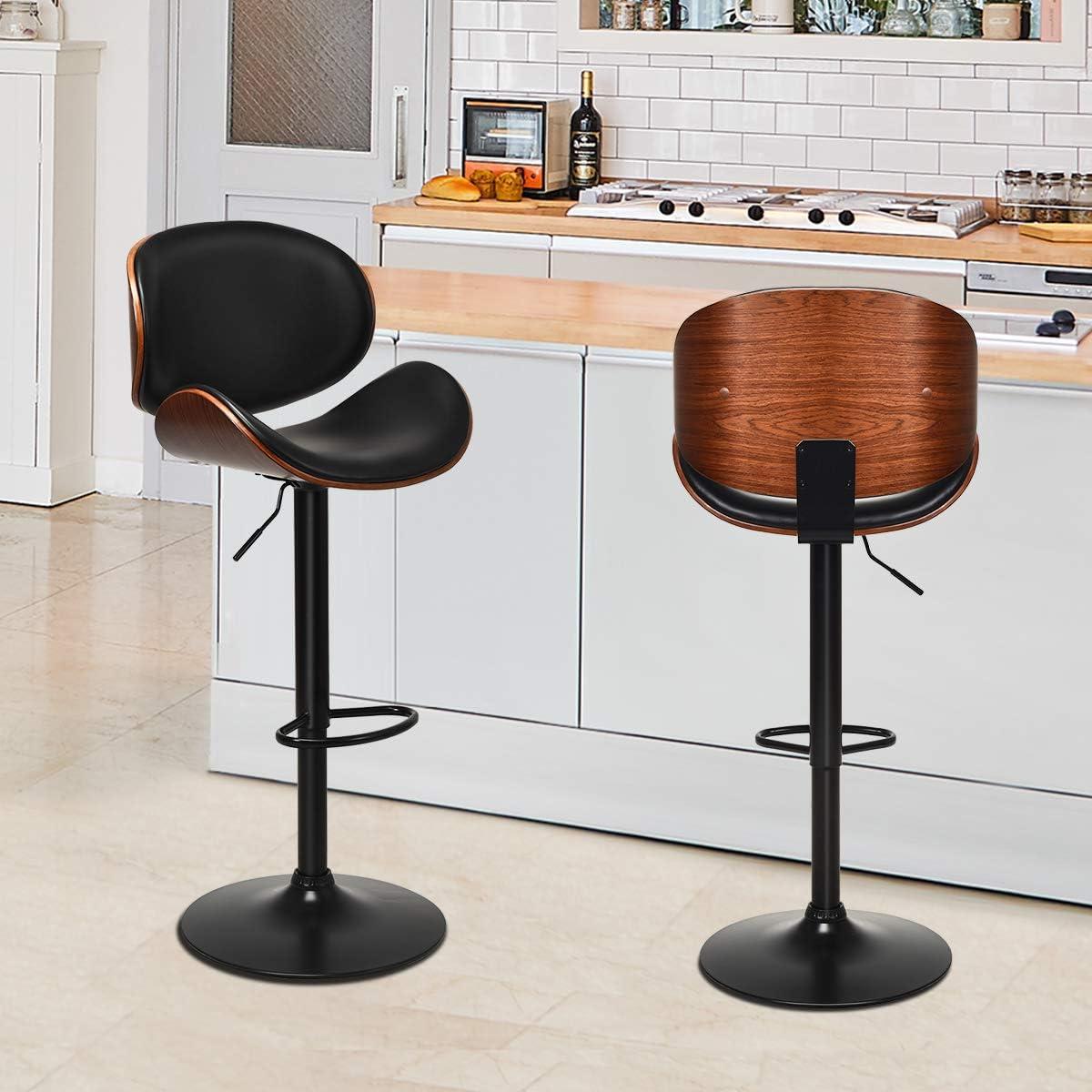 Costway Set of 2 Bentwood Barstool Mid-Century Adjustable Swivel PU Leather Curved Back