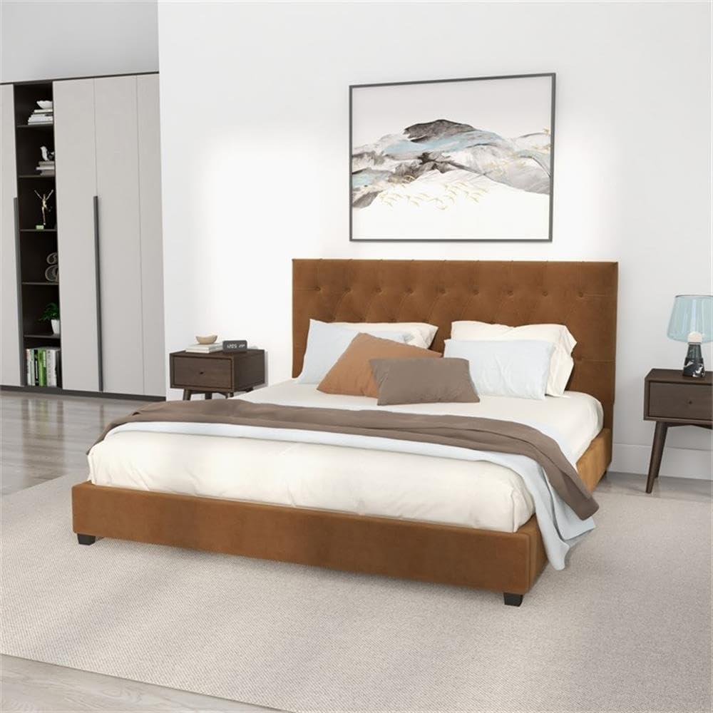 Elda Mid Century Modern Cognac Tan Velvet Upholstered King Platform Bed