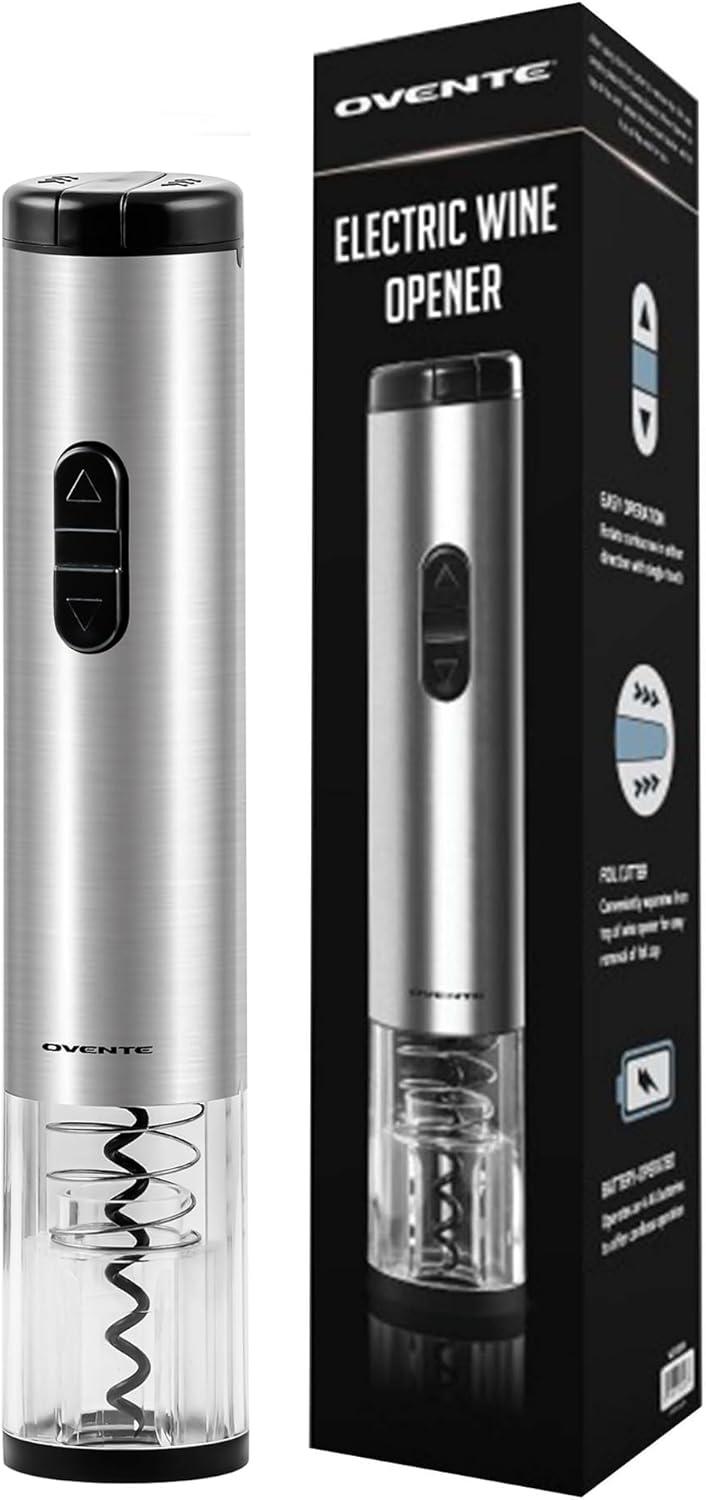 OVENTE Electric Stainless Steel Wine Bottle Opener, Foil Cutter, Perfect for Travel, Silver WO1381S
