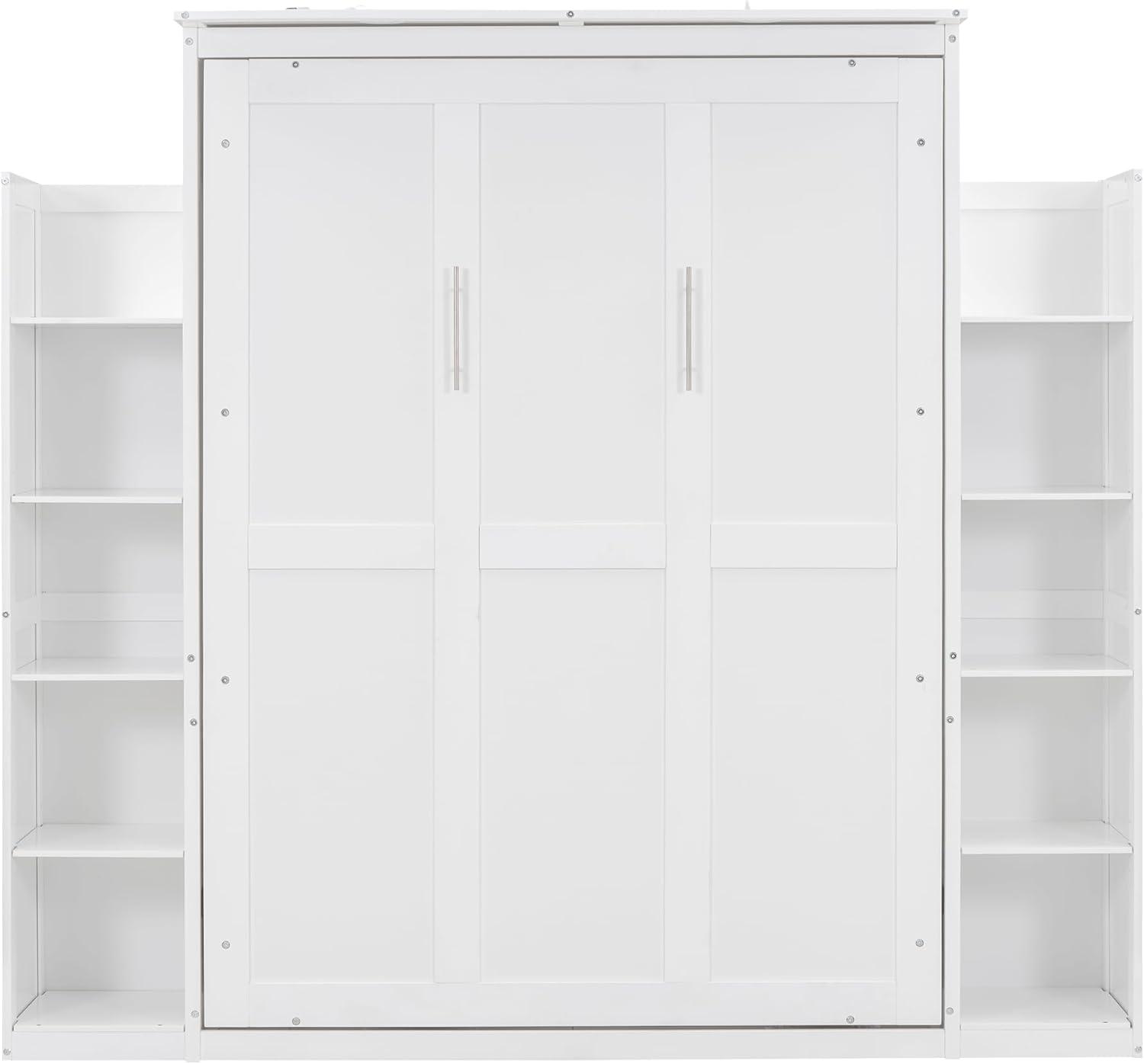 White Full Murphy Bed with Shelves and LED Lights