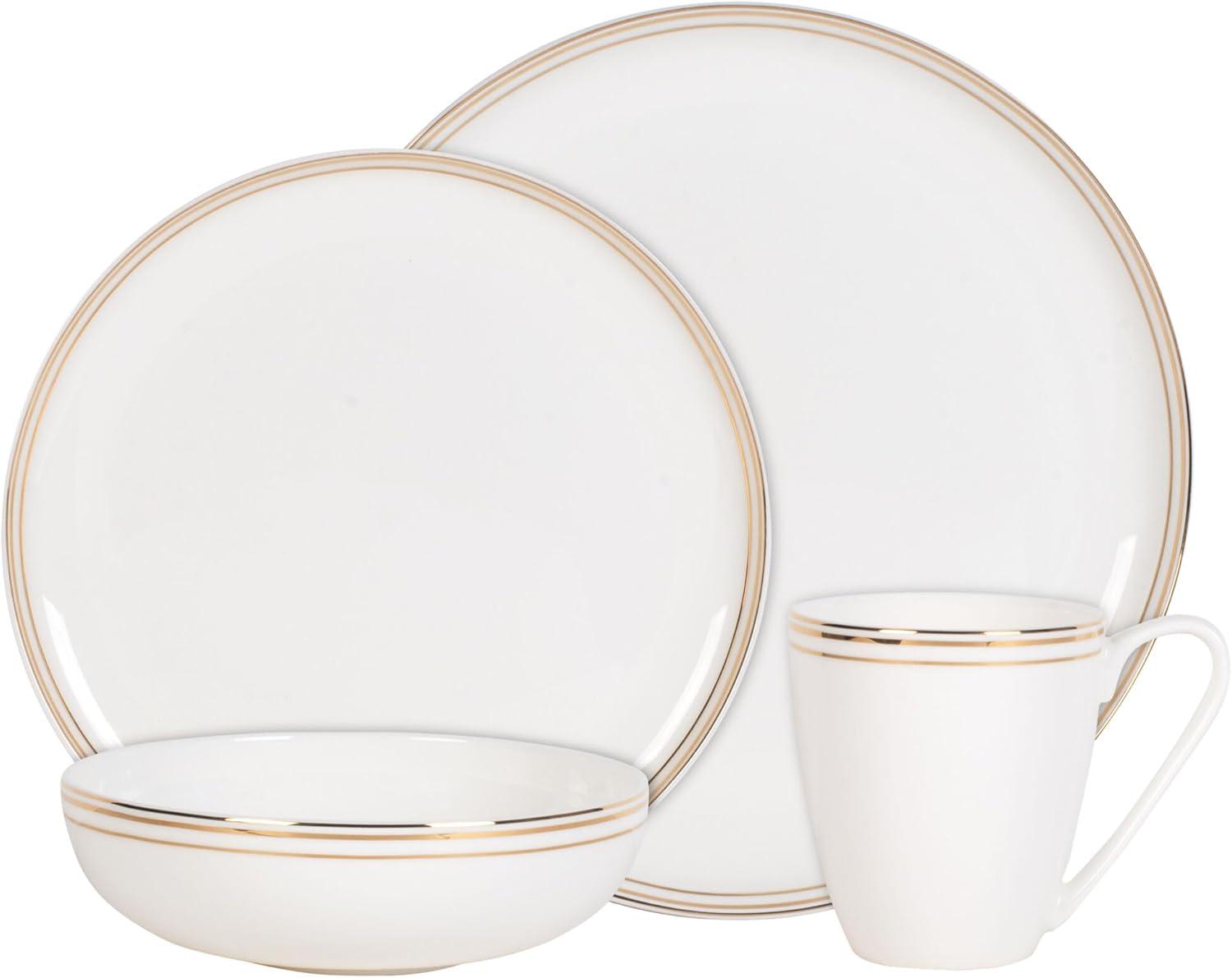 Fitz and Floyd Fitz and Floyd Nevaeh White Coupe Gold 16-Piece Bone China Dinnerware Set, Service for 4