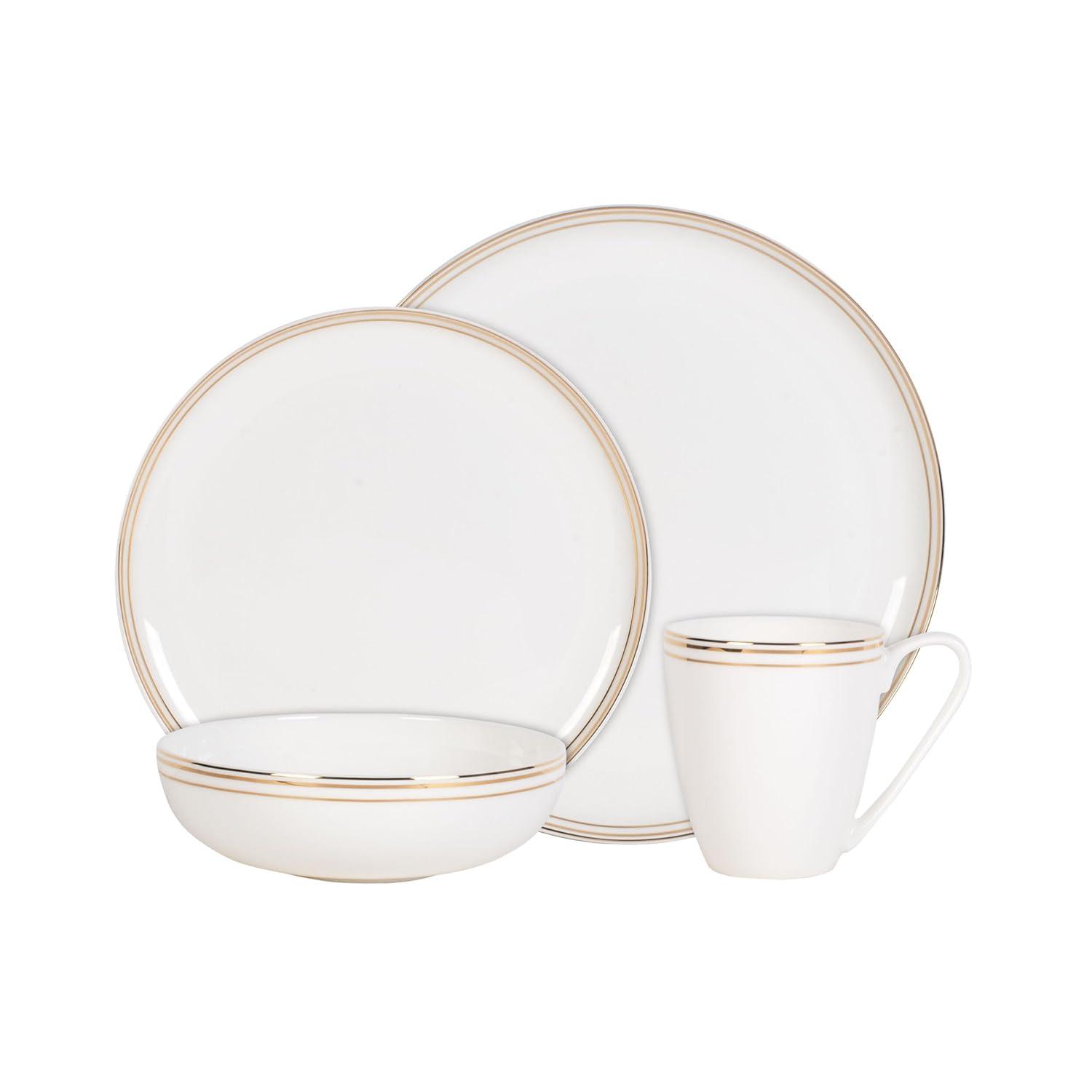 Fitz and Floyd Fitz and Floyd Nevaeh White Coupe Gold 16-Piece Bone China Dinnerware Set, Service for 4