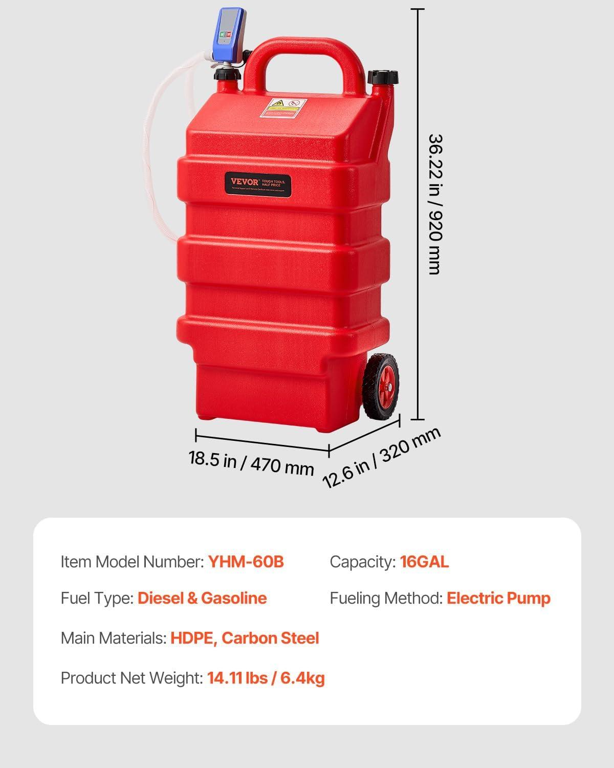 VEVOR Fuel Caddy, 16 Gallon, Portable Fuel Tank with 12V DC 2.5 GPM Electric Fuel Transfer Pump, 4 ft Delivery Hose & Auto-Stop Sensor Nozzle, Tank Adapters, Suitable for Diesel & Gasoline, Red