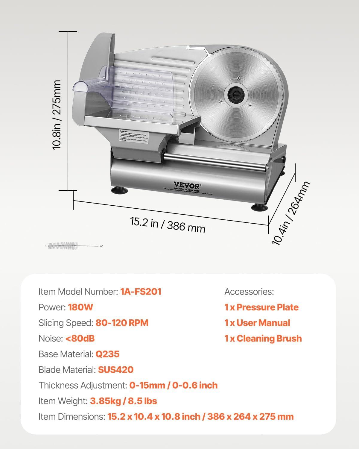 VEVOR Meat Slicer, 7.5 inch Electric Deli Food Slicer, 180W Meat Cutter with a Premium SUS420 Blade, 0-0.6 inch Adjustable Thickness, Slicer Machine