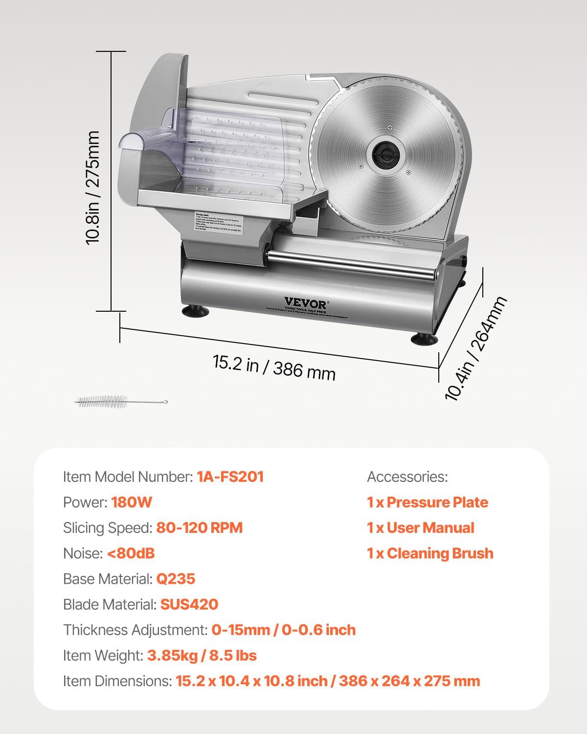 VEVOR Meat Slicer, 7.5 inch Electric Deli Food Slicer, 180W Meat Cutter with a Premium SUS420 Blade, 0-0.6 inch Adjustable Thickness, Slicer Machine