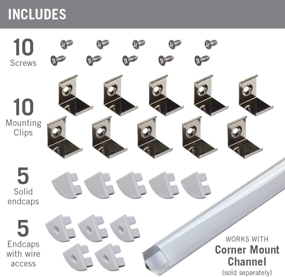 Accessory Packs for LED Tape Light Mounting Channels, Corner Mount, Grey