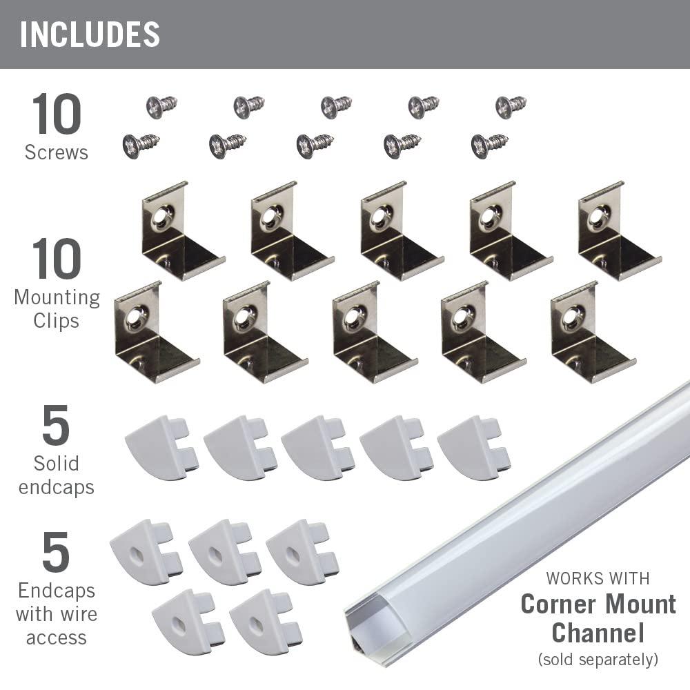 Accessory Packs for LED Tape Light Mounting Channels, Corner Mount, Grey