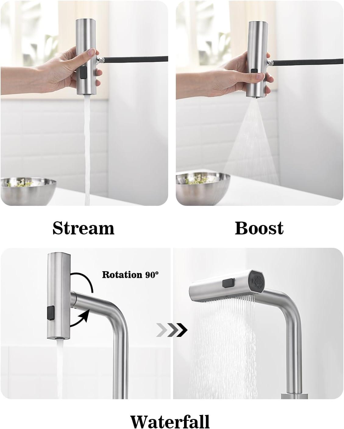 Lefton Pull-Out Waterfall Kitchen Faucet with Temperature Display, Two Water Outlet Modes, Single Hole, Brushed Nickel, KF2209-0