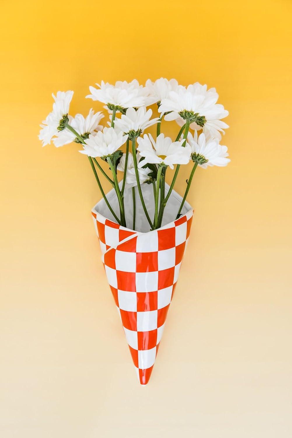 Red and White Checkered Ceramic Wall Vase