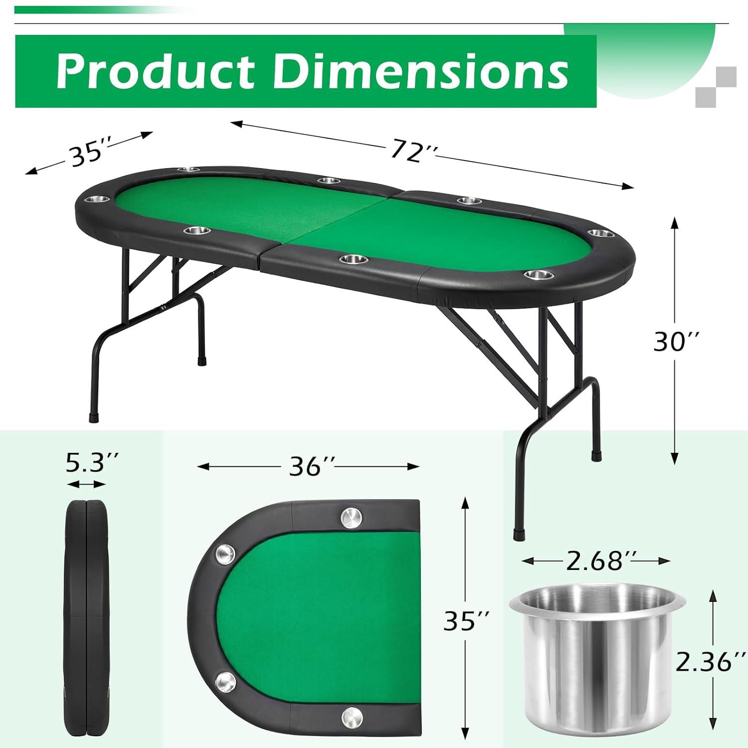 Folding Poker Table for 8 Players, Card Table with Cup Holder, Casino Leisure Table with Green Felt Surface for Blackjack Board Games