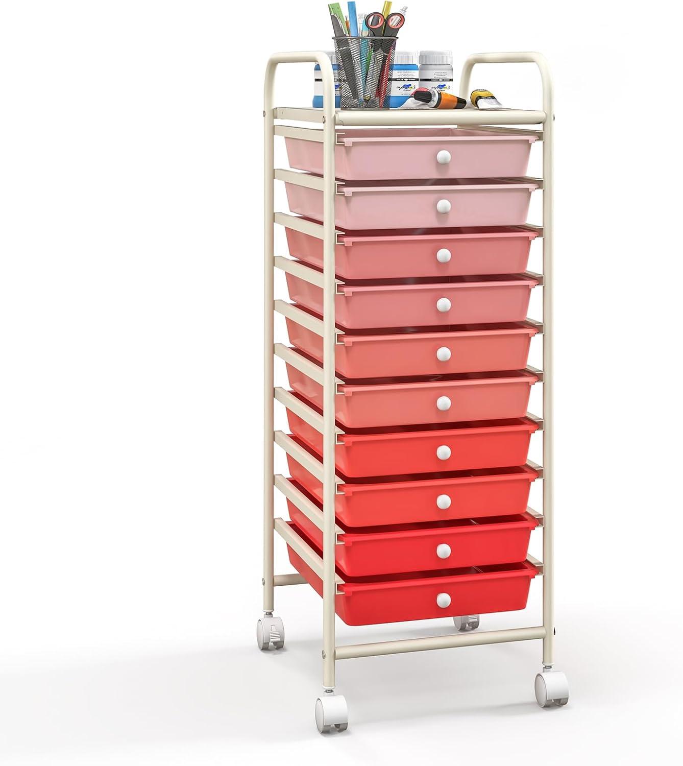 Giantex 10-Drawer Storage Cart w/Universal Wheel, Rolling Cart w/Handle, Home Organizer Storage Unit w/Removable Drawers, Trolley Utility Cart for Kitchen Makeup Living Room Office Play Room
