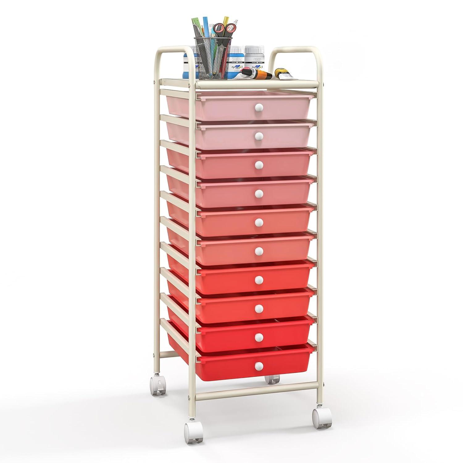 Giantex 10-Drawer Storage Cart w/Universal Wheel, Rolling Cart w/Handle, Home Organizer Storage Unit w/Removable Drawers, Trolley Utility Cart for Kitchen Makeup Living Room Office Play Room
