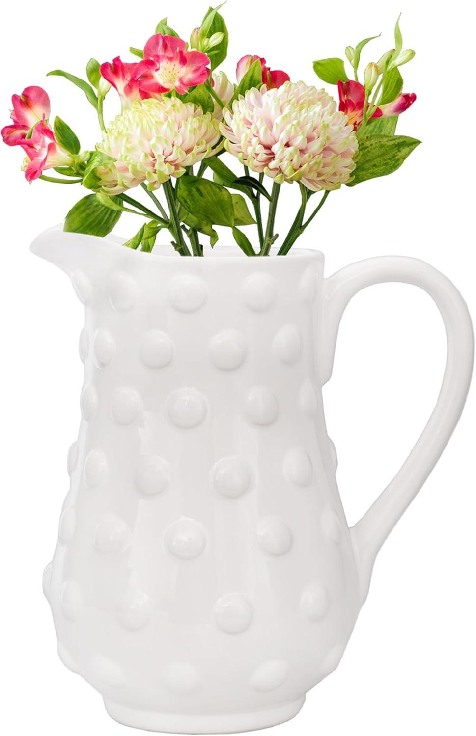 AuldHome Design White Hobnail Ceramic Pitcher, Vintage Retro Farmhouse Style