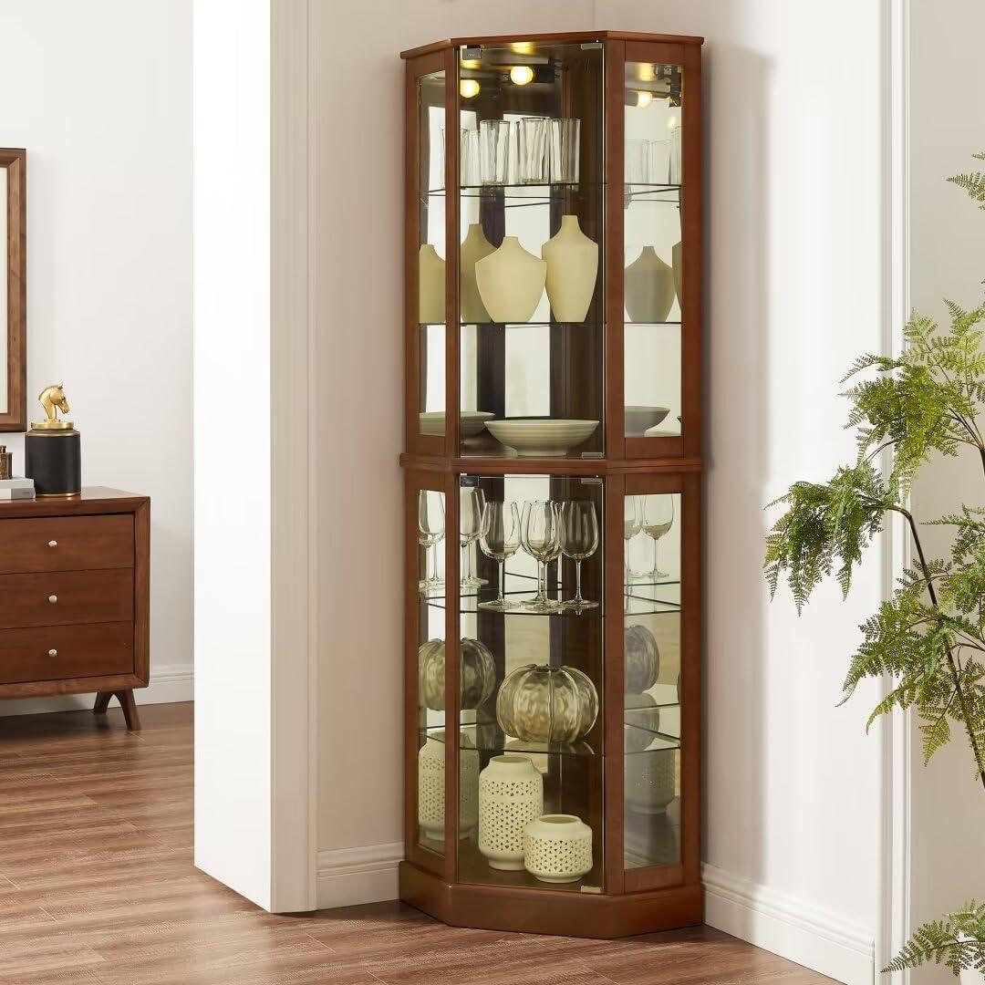 Walnut Lighted Corner Curio Cabinet with Adjustable Glass Shelves