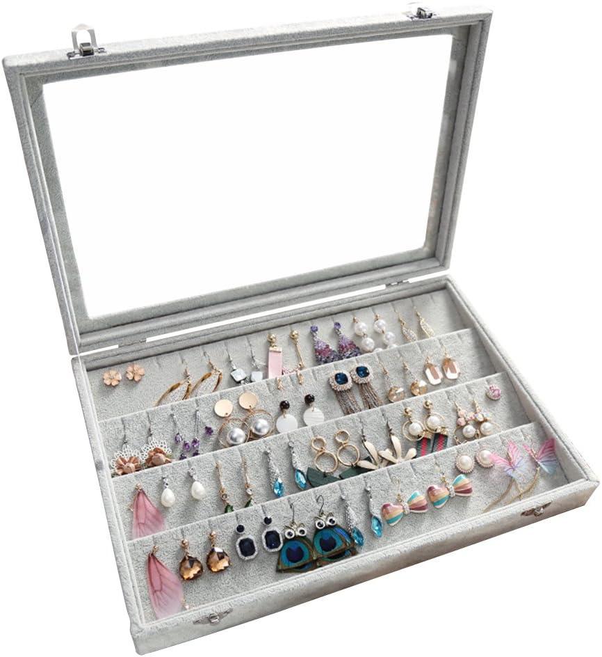 Locking Gray Velvet Jewelry Organizer with Clear Lid