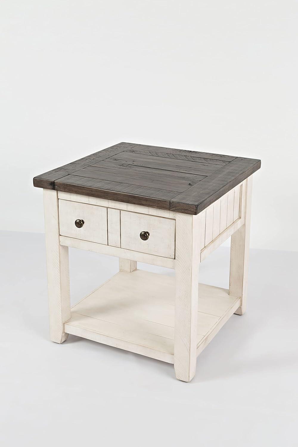 Vintage White Rustic Square End Table with Storage