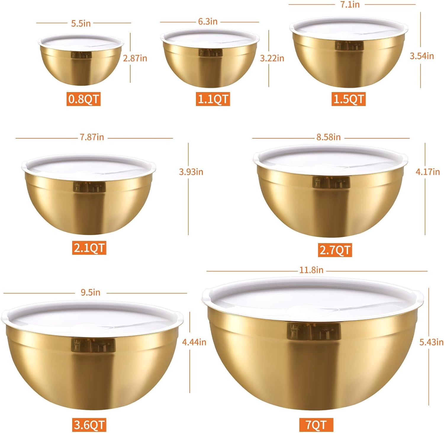 Gold Stainless Steel Mixing Bowls with White Lids, Set of 7