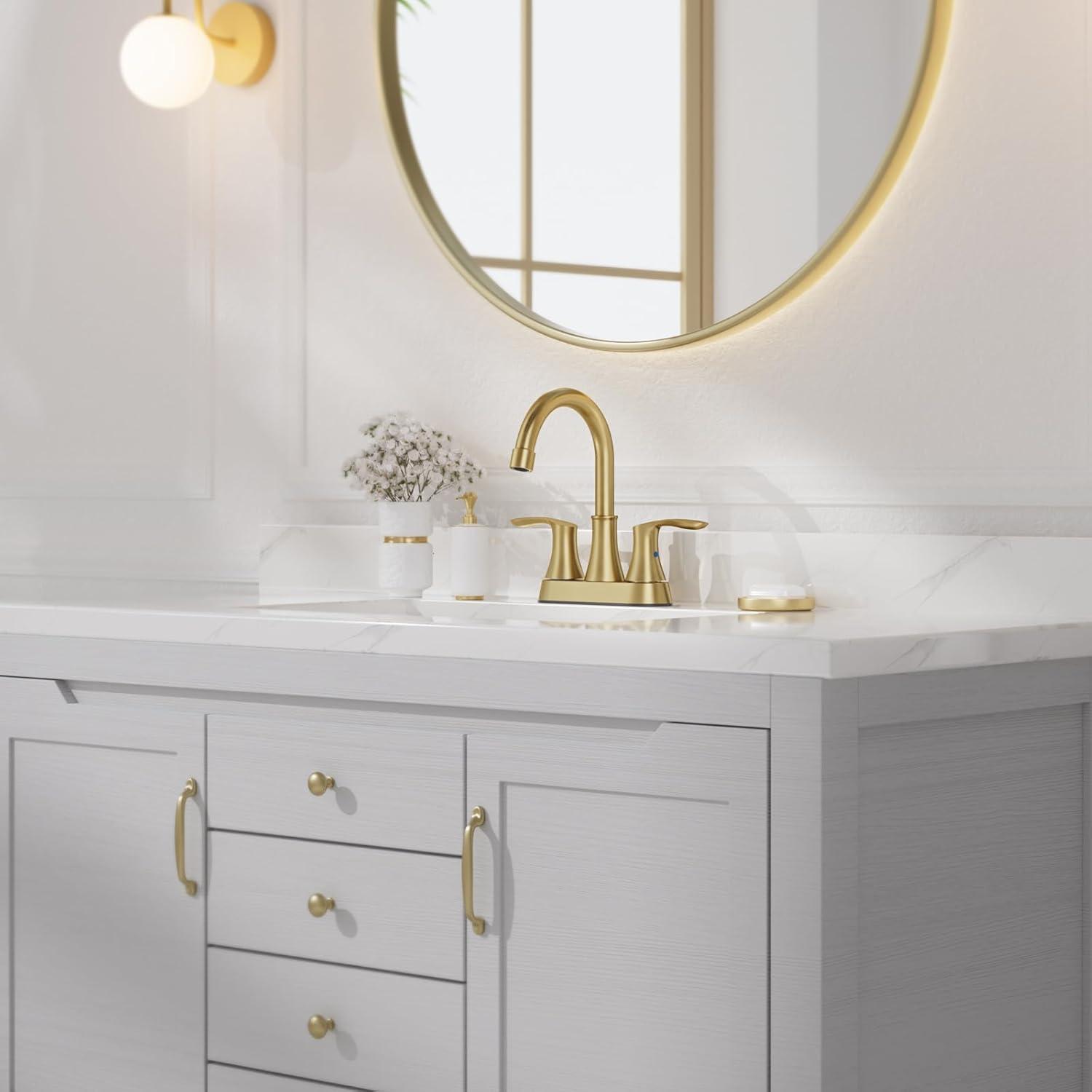 Phiestina 4 Inch 2 or 3 Hole Bathroom Sink Faucet Centerset Brushed Gold 2 Handle RV 360°Swivel Bath Vanity Faucet with Metal Pop Up Drain & Water Supply line, TY36-BG