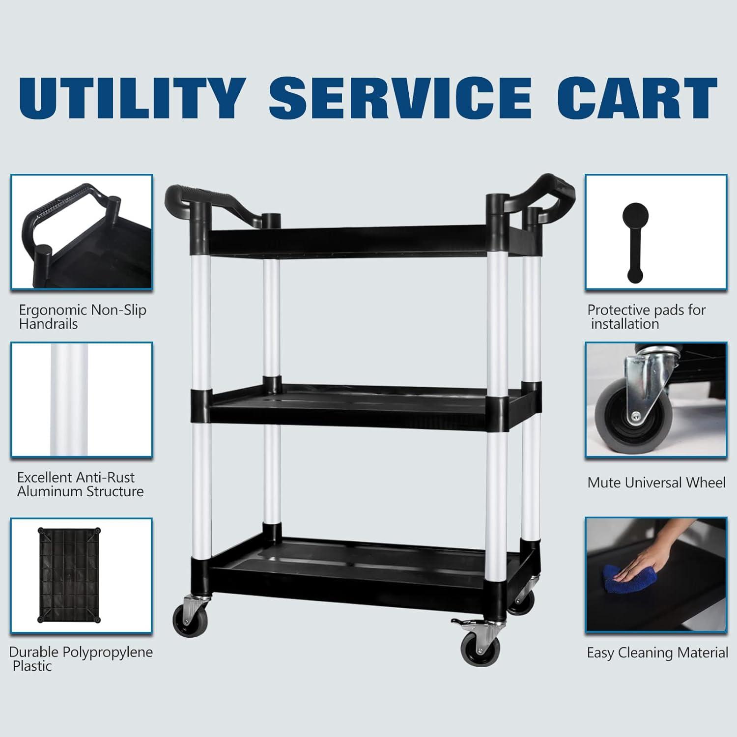 Large Black Plastic and Aluminum 3-Tier Utility Cart with Swivel Wheels