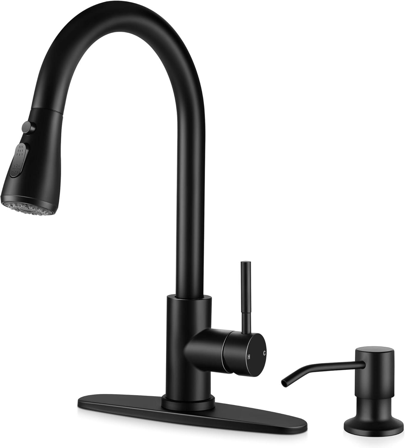 Matte Black Stainless Steel Pull-Down Kitchen Faucet with Soap Dispenser