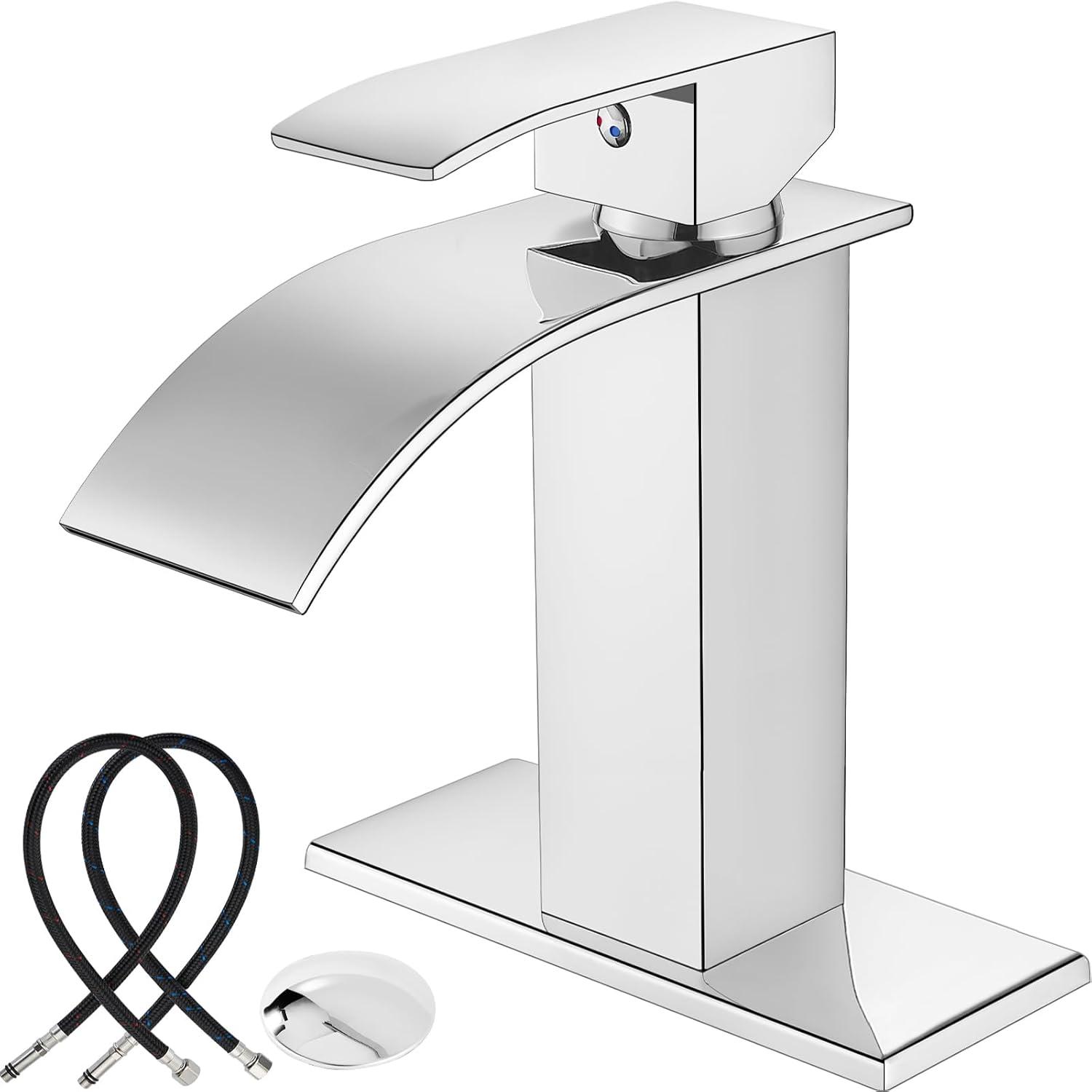 Midanya Waterfall Spout Bathroom Faucet Single Handle 1 Hole Bathroom Sink Faucet,Modern RV Lavatory Vanity Basin Tap with Water Hose,Short Body,Polish Chrome