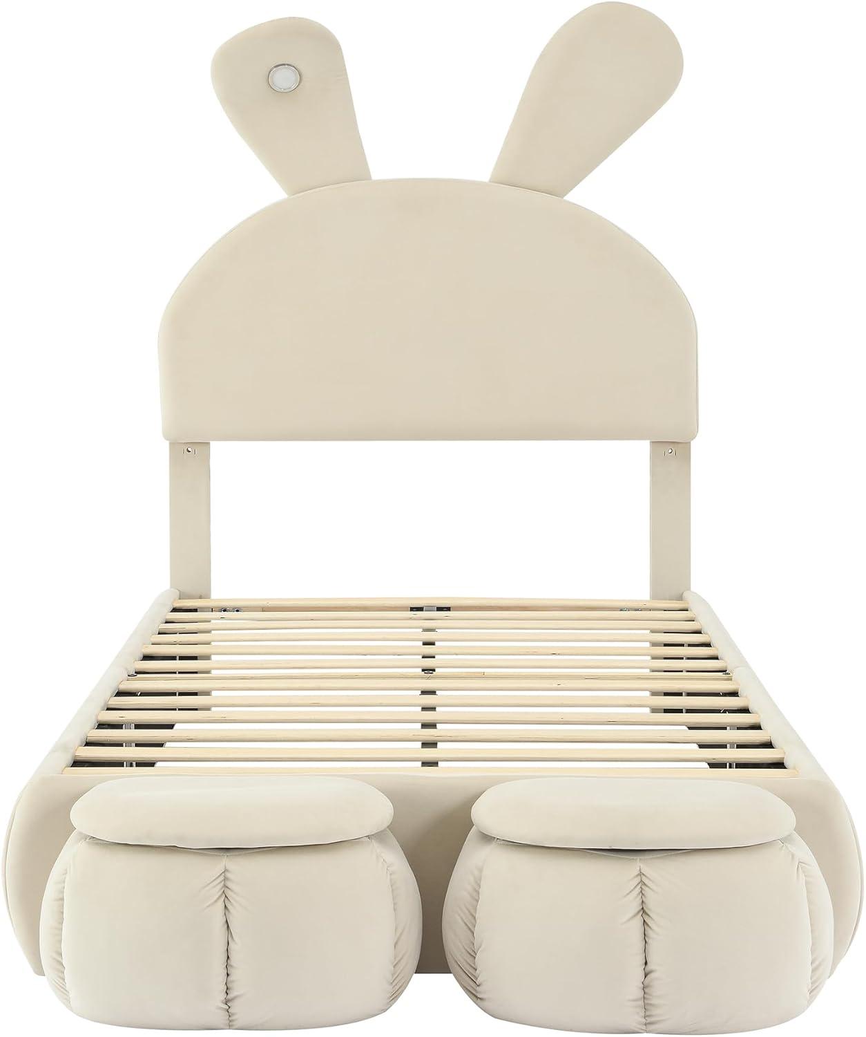 Sesslife Twin Bed Frame for teens, Upholstered Bed Frame with 2 Storage Stools and LED Light, Cute Bed Frame with Rabbit-Ears Shaped Headboard, Cartoon Twin Bed Frame, No Box Spring Needed, Beige