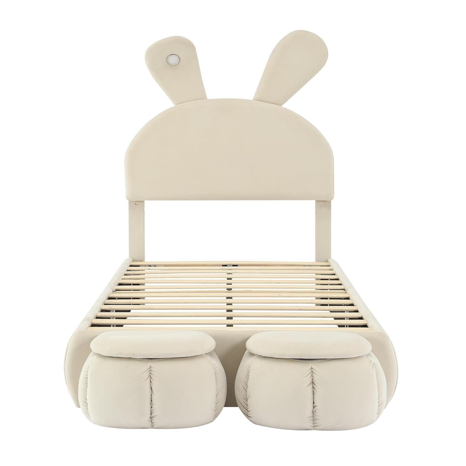 Sesslife Twin Bed Frame for teens, Upholstered Bed Frame with 2 Storage Stools and LED Light, Cute Bed Frame with Rabbit-Ears Shaped Headboard, Cartoon Twin Bed Frame, No Box Spring Needed, Beige