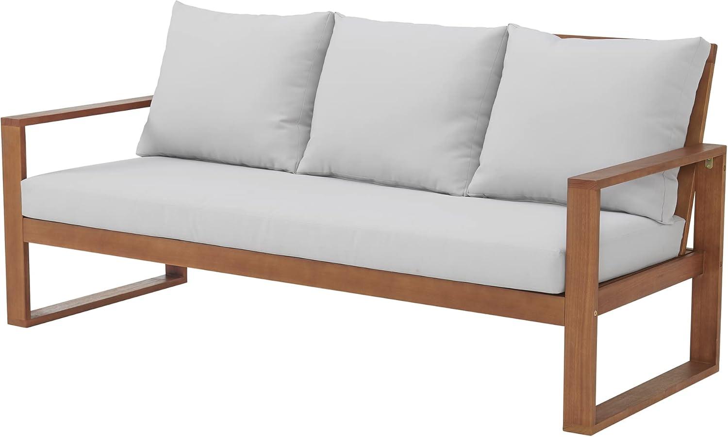 Grafton Luxe Eucalyptus 3-Seater Outdoor Bench with Gray Cushions